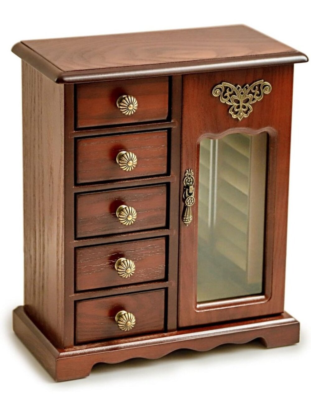 Elegant Wooden Jewelry Box with 5 Drawers, Butterfly Design & Mirror - Organizer